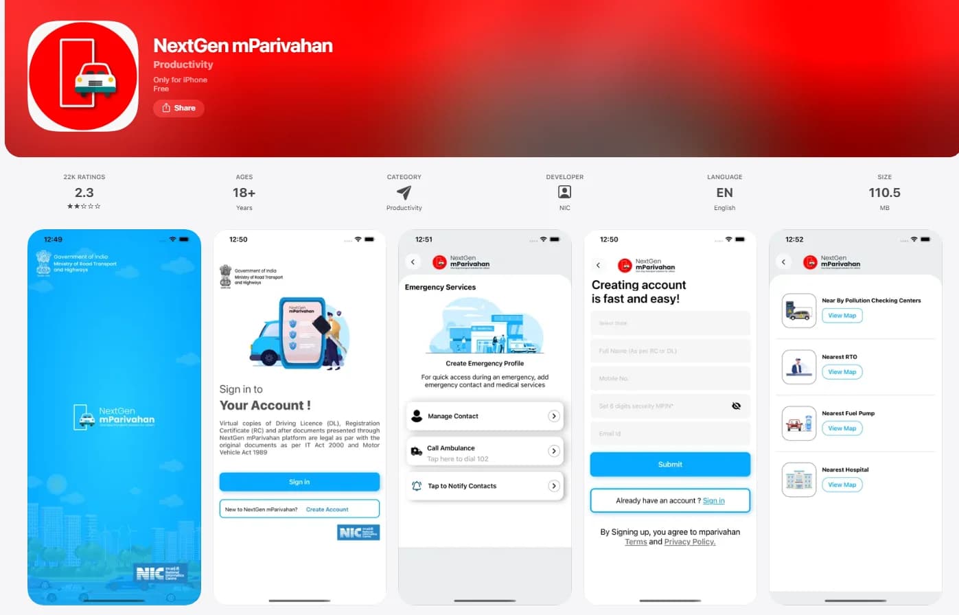 Step 1 screen for opening and installing mParivahan app
