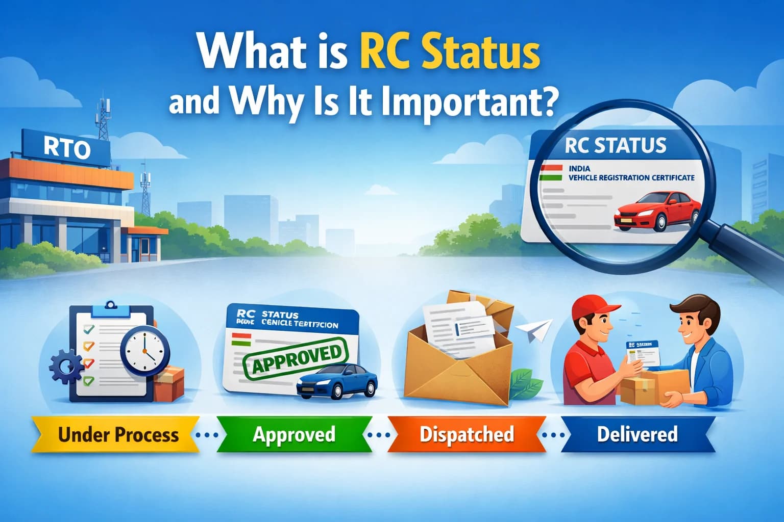 RC status stages showing under process, approved, dispatched and delivered